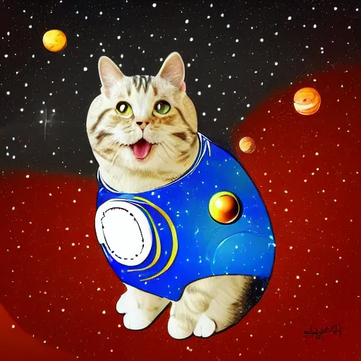 Prompt: a cat wearing a space suit while floating in space, digital art