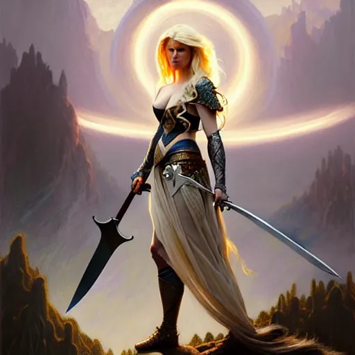 Image similar to A epic fantasy portrait of a blond woman, holding a sword, standing on a cliff, castle setting, horror movie lightning, intricate, elegant, highly detailed, digital painting, artstation, concept art, matte, sharp focus, illustration, art by Artgerm and Greg Rutkowski and Alphonse Mucha