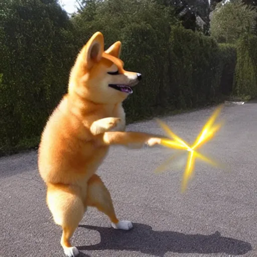 Prompt: real life super saiyan shiba inu shooting a kamehameha