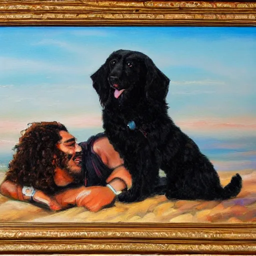 Image similar to egyptian man with long curly hair skydiving alongside small black puppy, fine art oil painting, figurative painting