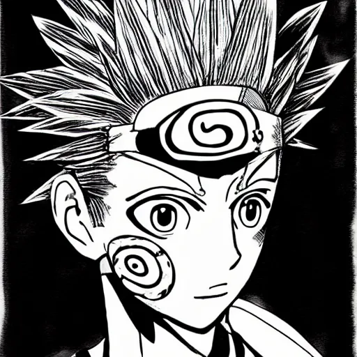 Prompt: a black and white painting of giorno giovanna by masashi kishimoto, in the style of naruto, manga style