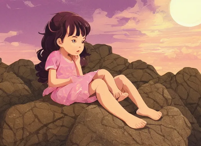 Image similar to a little girl with short wavy curly light brown hair sitting on a rock. background is a pink and blue sunrise sky. clean cel shaded vector art. shutterstock. behance hd by lois van baarle, artgerm, helen huang, by makoto shinkai and ilya kuvshinov, rossdraws, illustration, art by ilya kuvshinov