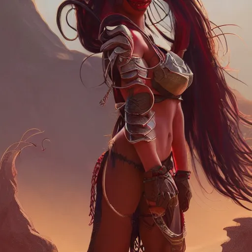 Prompt: portrait of a female berber tiefling with red skin, devil horns and black hair in a ponytail wearing steel armor in a desert, fantasy, highly detailed, digital painting, artstation, concept art, character art, art greg rutkowski and alphonse mucha