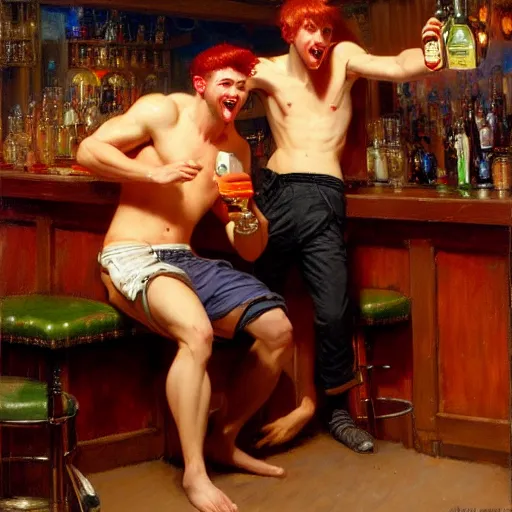 Prompt: attractive maculine male with red hair and attractive masculine male with black hair. pants and shorts, drinking their hearts out, having fun, in a pub. highly detailed and very defined painting by gaston bussiere, j. c. leyendecker, craig mullins 8 k