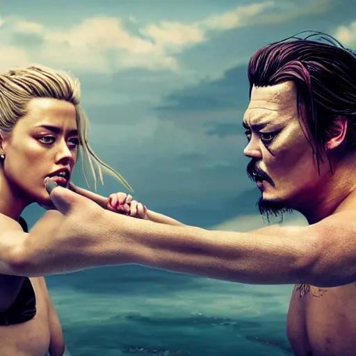 Image similar to Amber Heard and Johnny Depp are sumo fighting, highly detailed faces, artstation, matte painting, highly detailed, intricate, dramatic cinematic lighting, octane render, 8k, unreal engine