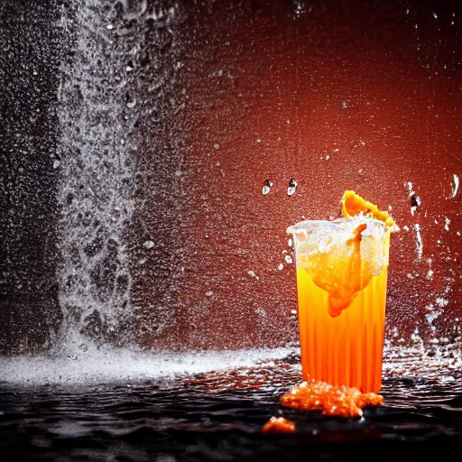 Prompt: a rat being drenched in an orange soda waterfall, cinematic lighting