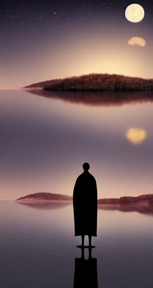 Image similar to beautiful digital painting of a robed figure standing at the side of a dark lake, looking at the reflection of the moon in the water realistic, colorful, highly detailed, unreal engine