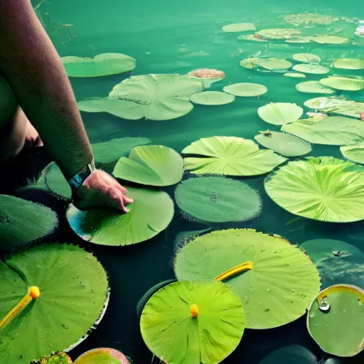 Image similar to A face submerged in shallow water surrounded by lily pads and other vegetation. The eyes are glowing and there is a hand reaching out towards you