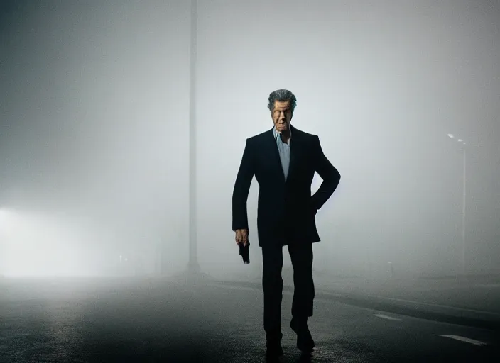 Image similar to film footage of pierce brosnan as giant monster in a foggy city, eerie, 8 k, 8 5 mm f 1. 8, studio lighting