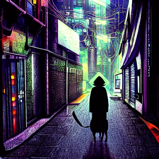 Prompt: an electronic dog, cyberpunk, dark rainy alleyway, nighttime, photorealistic