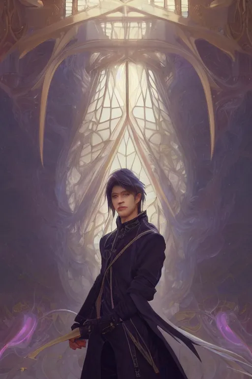 Image similar to portrait of a man with modern hairs, soft smile, final fantasy, league of legends champion, strong iridescent light, by chengwei pan and sakimichan and greg rutkowski and alphonse mucha, gradient white to gold, in front of a magical building background, highly detailed portrait, digital painting, smooth, focus illustration