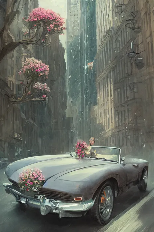 Image similar to ultra realistic illustration, old vintage car in the city with flowers blooming out the window, elegant, highly detailed, digital painting, concept art, smooth, sharp focus, illustration, art by greg rutkowski