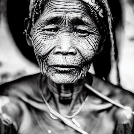 Prompt: Black and white photo portraits The Last Tattooed Women of Kalinga by Jake Verzosa