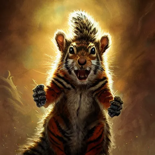 Image similar to Squirrel/tiger, Angry, manic, magic the gathering artwork, horror, D&D, fantasy, cinematic lighting, centered, symmetrical, highly detailed, digital painting, artstation, concept art, smooth, sharp focus, illustration, volumetric lighting, epic Composition, 8k, art by Akihiko Yoshida and Greg Rutkowski and Craig Mullins, oil painting, cgsociety