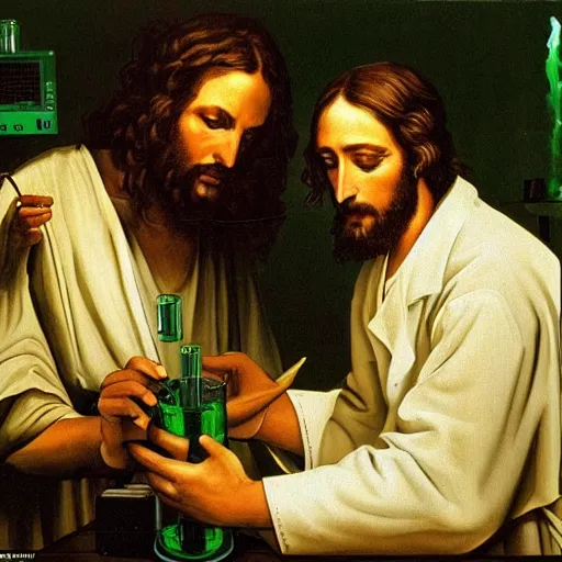 Image similar to jesus and another scientist in a lab creating a new chemical concoction holding up a test tube filed with green liquid