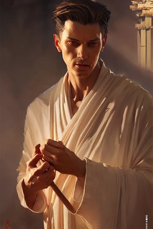 Image similar to male, temple, taoism, painting by greg rutkowski, j. c. leyendecker, artgerm