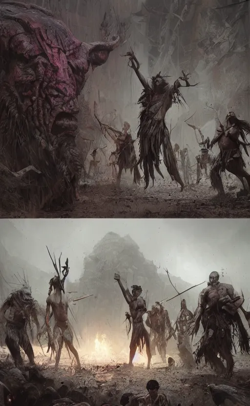 Image similar to tribal ritual in a village close to black swamp, front game card, drark, marvel comics, dark, intricate, highly detailed, smooth, artstation, digital illustration by ruan jia and mandy jurgens and artgerm and wayne barlowe and greg rutkowski and zdislav beksinski