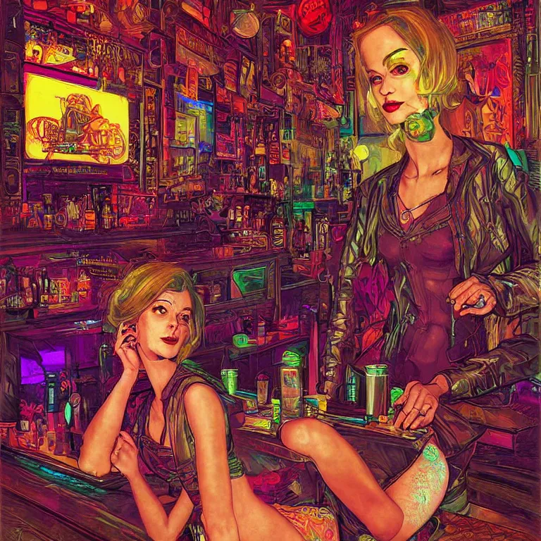 Image similar to beautiful psychedelic digital art of a beautiful cyberpunk lady in a cozy bar by Mad Dog Jones, Norman Rockwell and Ben Erdt