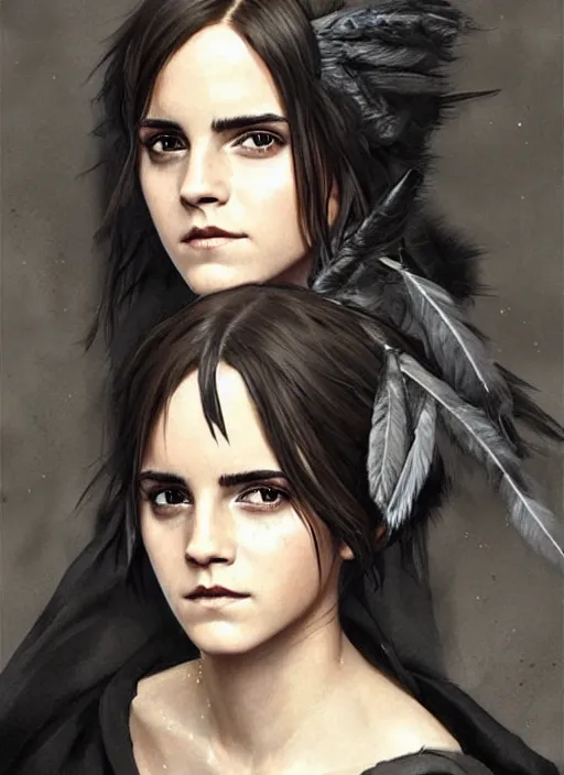 Prompt: emma watson with very short black hair and a huge cloak made of black raven feathers. beautiful highly detailed face. beautiful painting by artgerm and greg rutkowski and raymond swanland