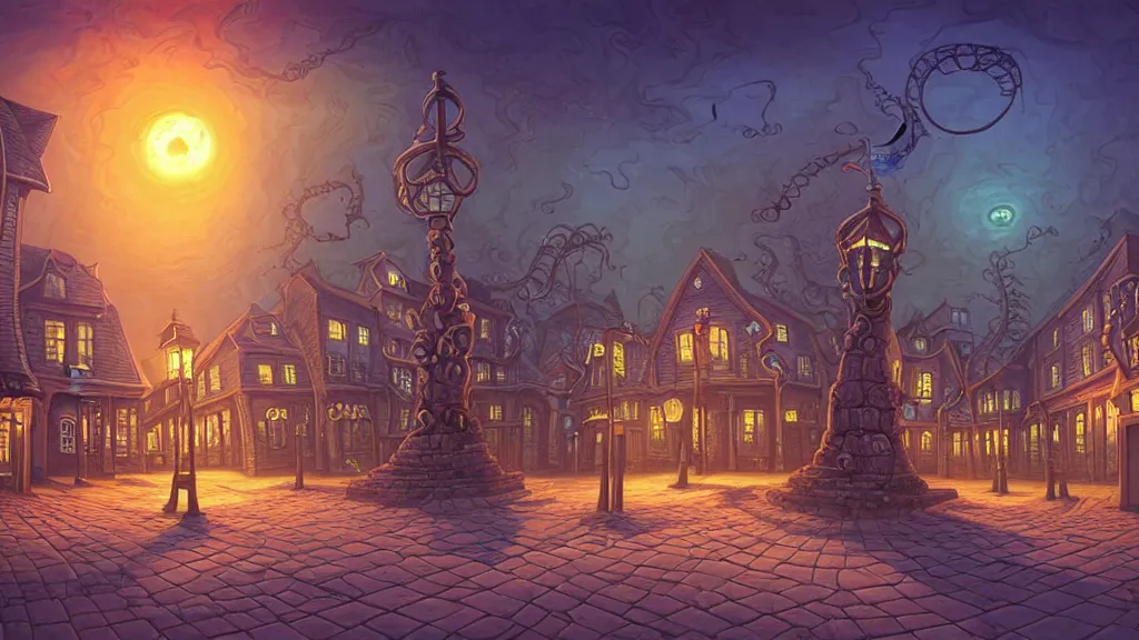 Image similar to empty lovecraftian town square surrounded by houses and inns. cthulhu statue. lovecraftian city at sunset by cyril rolando and naomi okubo and dan mumford and ricardo bofill. lovecraft. cobbled streets. oil lamp posts. lovecraftian. sunset swirly sky.