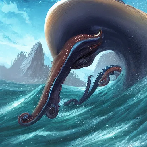 Image similar to digital artwork of a wonderful an big galion attacked by a giant octopus, ocean. d & d, illustration, realism, trending on artstation