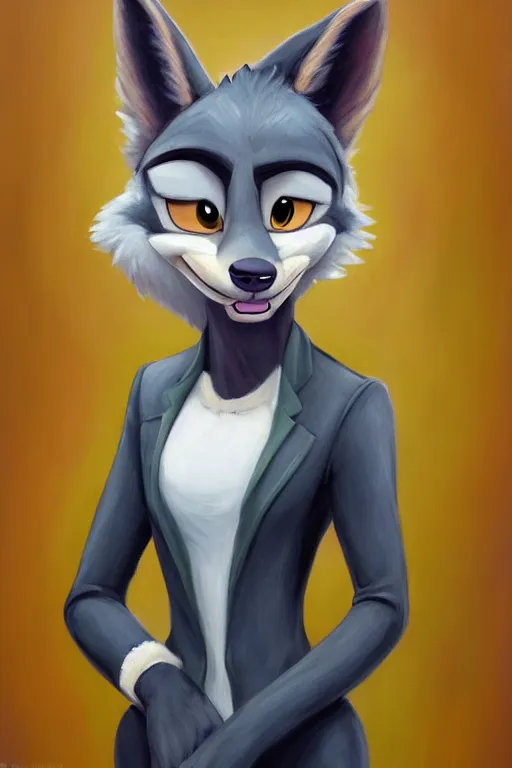 Image similar to oil painting of anthromorphic female wolf, in style of zootopia, female fursona, furry, furaffinity, 4 k, deviantart, furry art, fursona art, wearing black business suit, business suit, wolf fursona, female, smug expression,