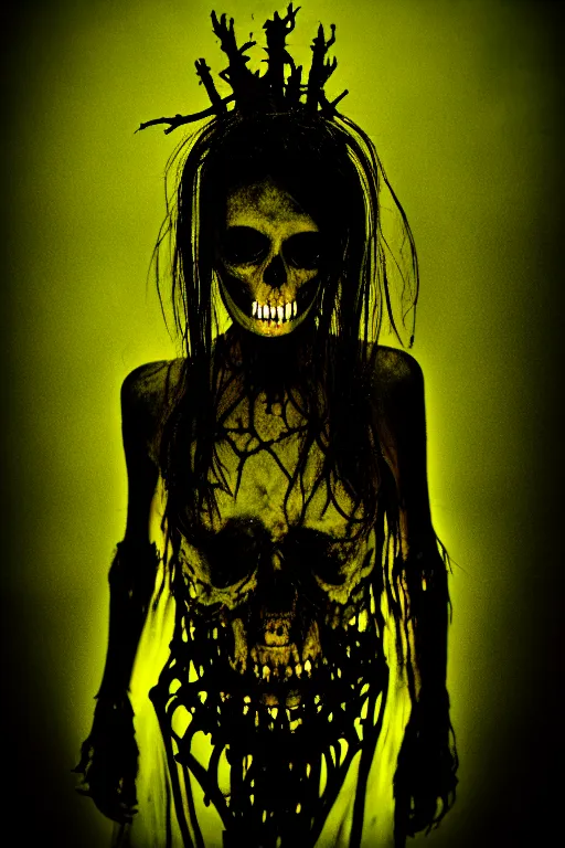 Prompt: psychotic witch insanity, psycho stupid fuck it insane, looks like death but cant seem to confirm, cinematic lighting, bioluminescence fluorescent phosphorescent, various refining methods, micro macro autofocus, ultra definition, award winning photo, to hell with you, glowing bones, devianart craze, a gammell - giger film