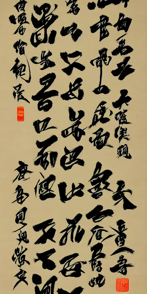 Prompt: a scroll of Chinese calligraphy presenting the characters of 正, 大, 光, 明 by Wang Xizhi, black and yellow scheme