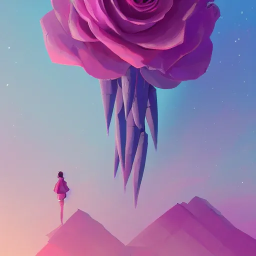 Image similar to beautiful digital rose in stunning pink sea, VERY LIGHT purple and blue scheme, by Anton Fadeev and Simon Stalenhag, trending on artstation, low contrast