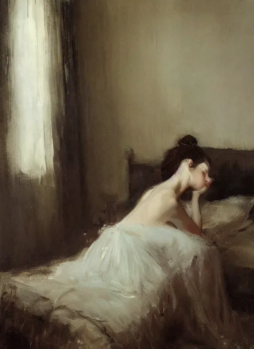 Prompt: beautiful portrait painting of an elegant victorian woman posing in an artistic pose over a bed, by jeremy mann, only one head single portrait