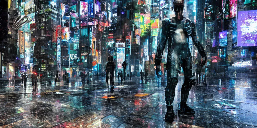 Image similar to cyberpunk statue, rain, space