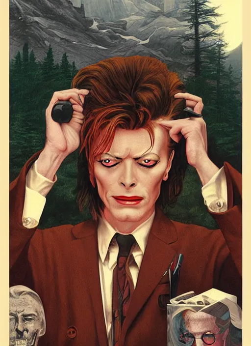 Prompt: twin peaks poster art, david bowie trapped at the gates, old retro pulp, by michael whelan, rossetti bouguereau, artgerm, retro, nostalgic, old fashioned