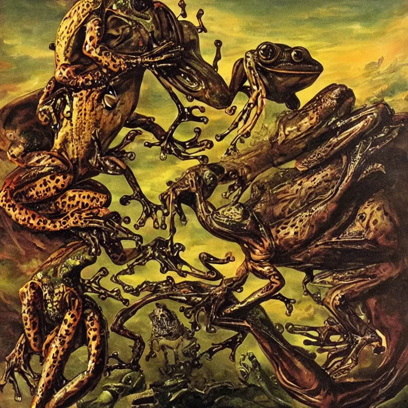 Image similar to alien frog, cheetah, and bird. strange anatomy. pulp sci - fi art. baroque period, oil on canvas