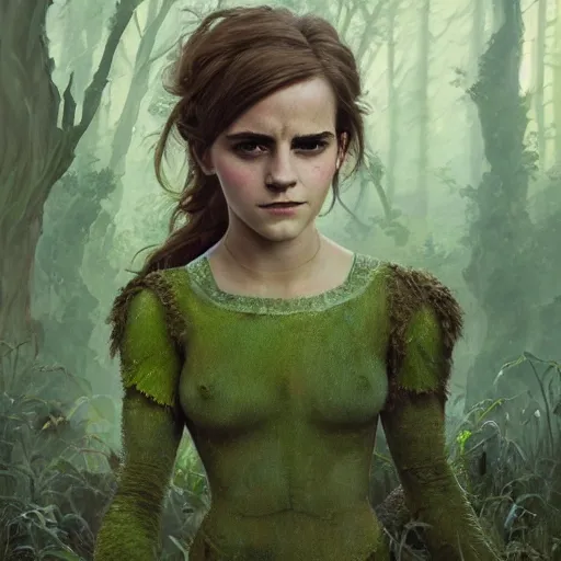 Image similar to Emma Watson as the green swamp ogre Fiona in Shrek, intricate, highly detailed, digital painting, artstation, concept art, sharp focus, illustration, art by greg rutkowski and alphonse mucha