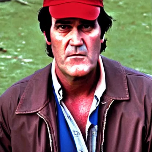 Prompt: Bruce Campbell as Ash from Evil Dead, with a black baseball cap