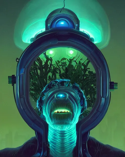 Image similar to portrait of a creepy bioluminescent monster, highly detailed, digital painting, cinematic, hyperrealism, dark retrowave, art by simon stalenhag and stanley lau and artgerm and magali villeneuve and alphonse mucha, artstation hd, octane render, cgsociety
