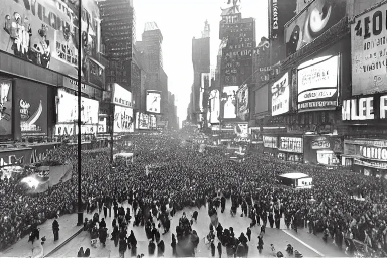 Prompt: a wide angle photograph of times square on new years eve, 1945, black and white