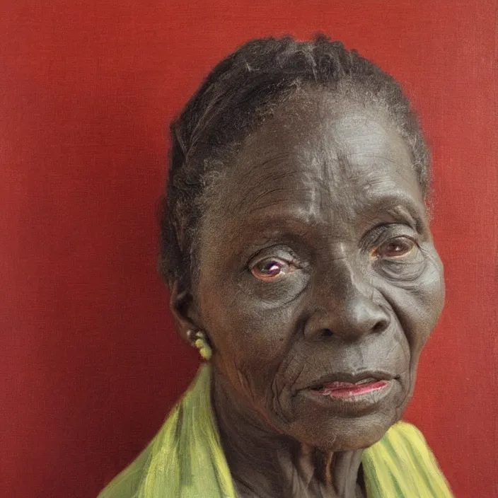 Prompt: a painting of a elder woman by Lynette Yiadom-Boakye . details, smooth, sharp focus, illustration, realistic, cinematic, artstation, award winning, rgb , unreal engine, octane render, cinematic light, macro, depth of field, blur, red light and clouds from the back, highly detailed epic cinematic concept art CG render made in Maya, Blender and Photoshop, octane render, excellent composition, dynamic dramatic cinematic lighting, aesthetic, very inspirational, arthouse.