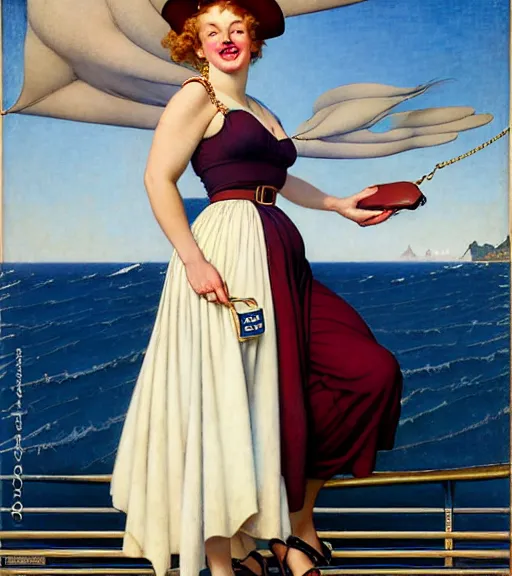 Image similar to a fancy beautiful plump young lady holding a purse standing on a wharf at the edge of the sea by brom and gil elvgren and jean delville and william blake and norman rockwell, crisp details, hyperrealism, smiling, happy, feminine facial features, stylish navy blue heels, gold chain belt, cream colored blouse, maroon hat, windblown