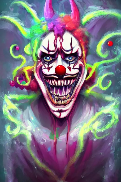Image similar to a demon clown, highly detailed, digital art, sharp focus, trending on art station, anime art style