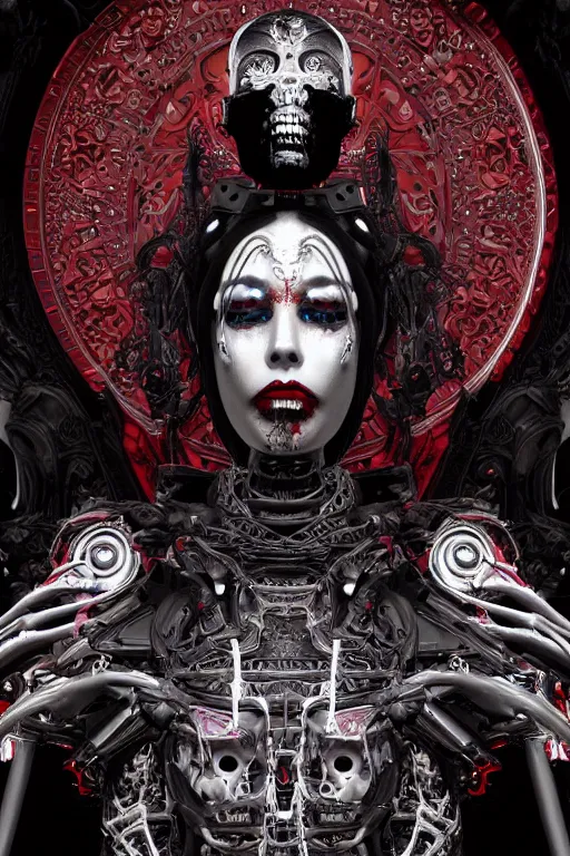 Image similar to full-body cyberpunk style sculpture of a young beautiful dark priestess, half android with a head opening exposing circuitry, glowing red eyes, black roses, flowing blood-red colored silk, fabric, candles, baroque elements. human skull. full-length view. baroque element, intricate artwork by Caravaggio. crows flying in background. Trending on artstation. octane render, cinematic lighting from the right, hyper realism, octane render, 8k, depth of field, 3D