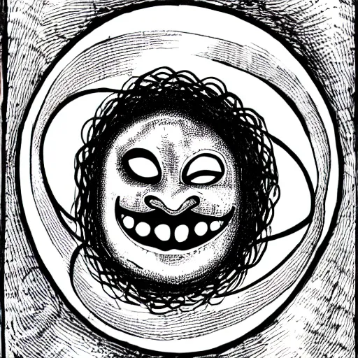 Prompt: an ink drawing of eerie comedy and tragedy theater masks circled by a snake, cracked, elaborate detail, shape of a circle, circular shape