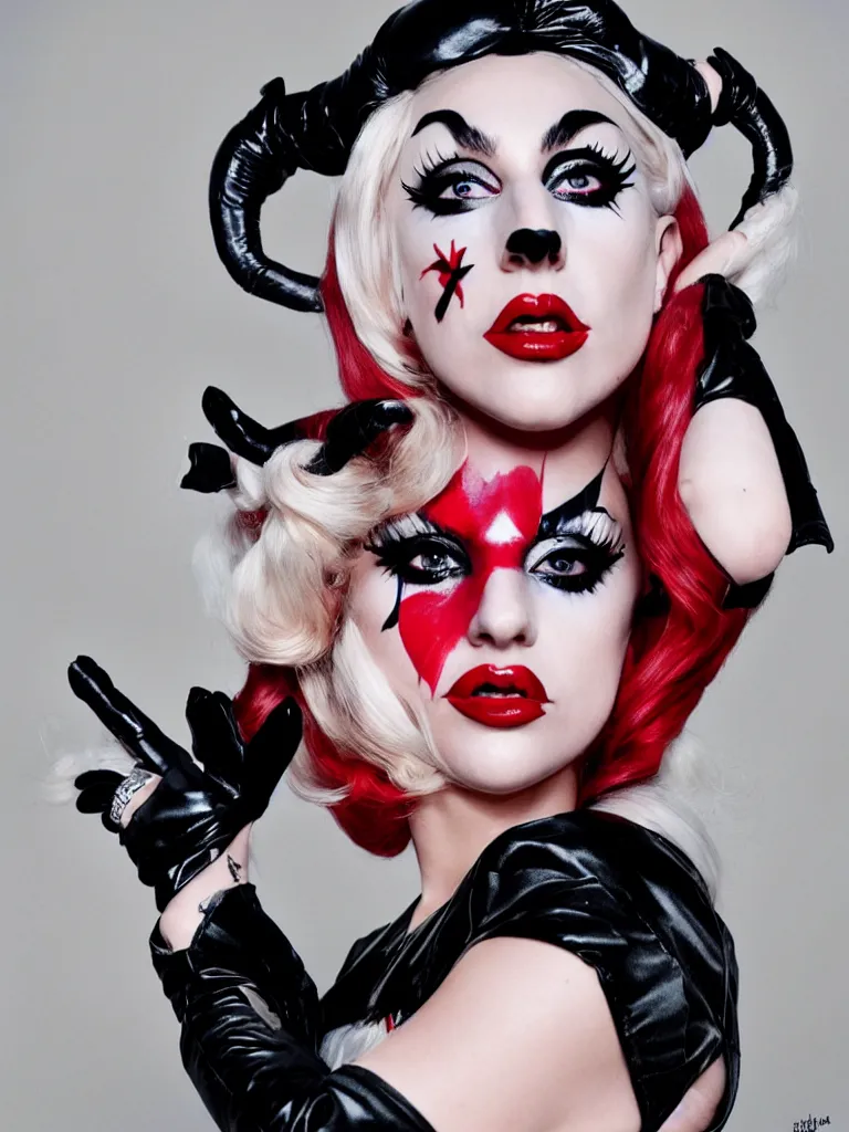 Image similar to pinup portrait of lady gaga as harley quinn, fashion photography,