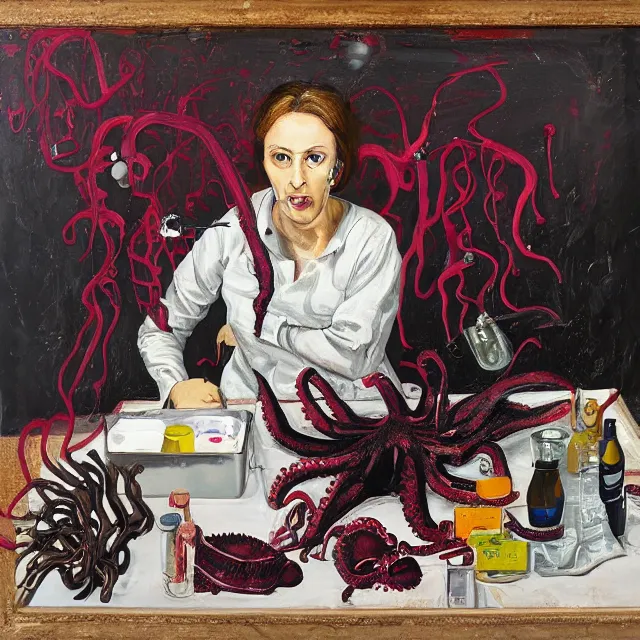 Prompt: empty room with black walls, a portrait of a female pathologist holding an octopus, intravenous drip, wilted flowers, pomegranate, berry juice dripping, neo - expressionism, surrealism, acrylic and spray paint and oilstick on canvas