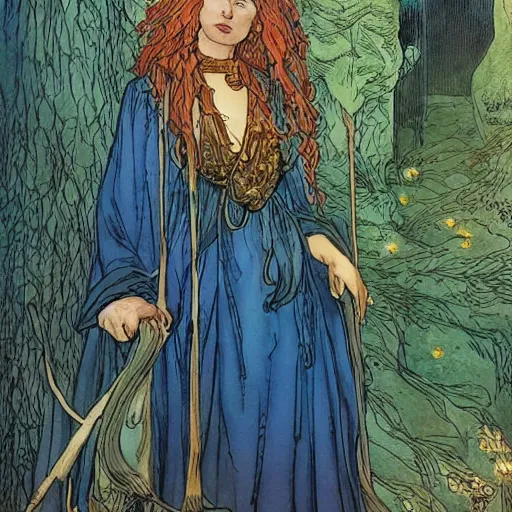 Image similar to a beautiful portrait of sanna!!!!! marin!!!!!, the young female prime minister of finland as a druidic wizard by rebecca guay, michael kaluta, charles vess and jean moebius giraud