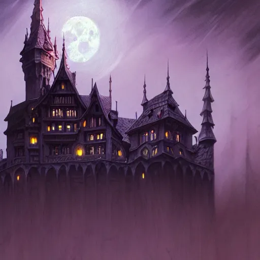 Image similar to foggy intricate gothic castle under the full moon, epic, intricate oil painting, high detail illustration, sharp high detail, manga and anime 1 9 9 9, official fanart behance hd artstation by jesper ejsing and makoto shinkai, 4 k,