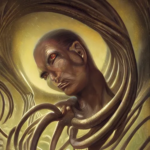 Image similar to detailed face of a woman with obsidian eyes in a biomorphic courtyard with dna sculptures at a science expo, atmospheric, ambient, pj crook, syd mead, livia prima, artgerm, greg rutkowski, nick alm, casey baugh