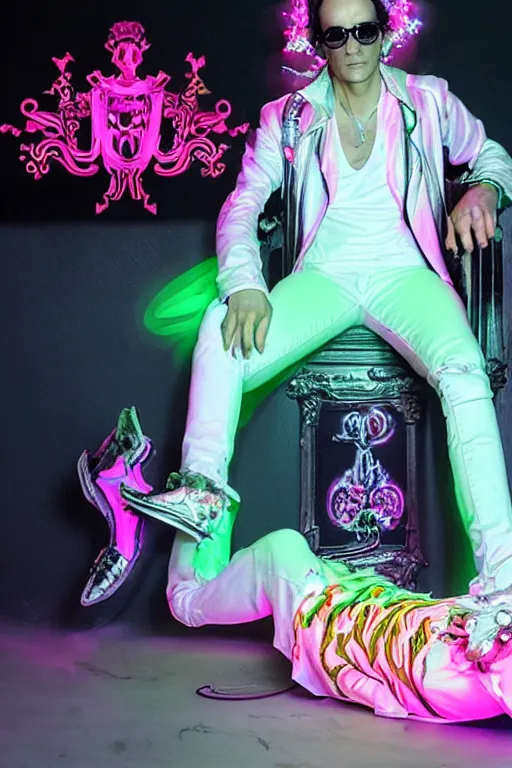 Image similar to full-body rococo and cyberpunk style neon statue of a young attractive Marc Anthony wearing cholo shades macho dotado e rico android sim roupa reclining con las piernas abertas e la piroca dura, ethereal white dripping tar, glowing orange lasers, pink tigers, glowing eyes, silver prince crown, black gears, pink diamonds, swirling mint-colored silk fabric. futuristic elements. full-length view. human skulls. large intricate artwork by caravaggio. Trending on artstation, octane render, cinematic lighting from the right, hyper realism, octane render, 8k, depth of field, 3D