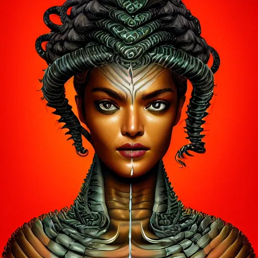Image similar to Shanina Shaik as Medusa, snakes for hair, highly detailed, digital painting, artstation, concept art, smooth, sharp focus, illustration, art by Chris Achilleos, in the style of Medusa (1988) by Chris Achilleos.