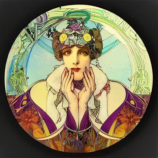 Prompt: trippy vinyl record picture disk designed by mucha, art nouveau style